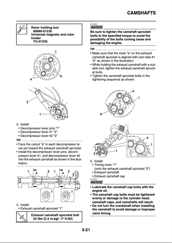 Technical diagram and instructions for camshaft installation and maintenance on a vehicle, with text and illustrations on a white background.
