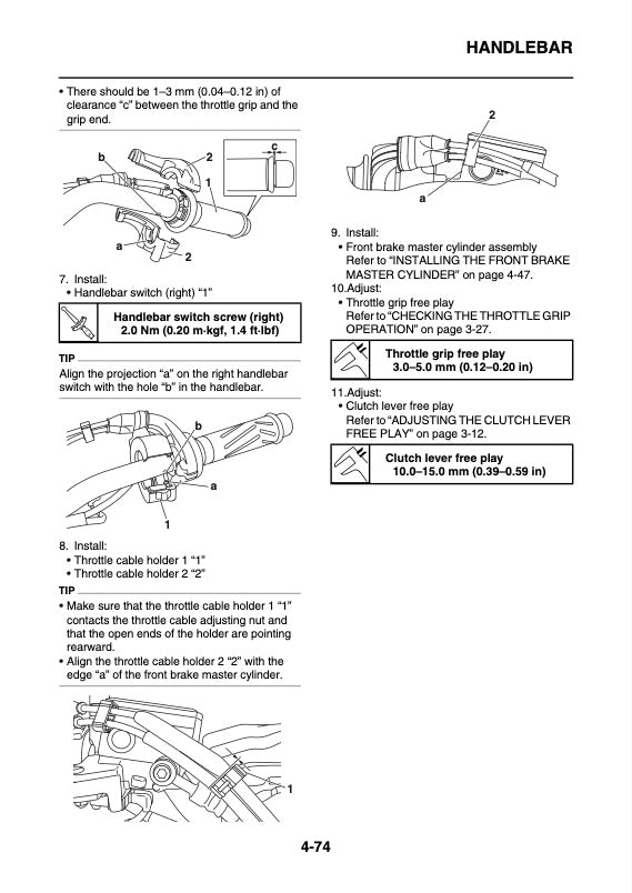Instructions for handlebar assembly and installation on a motorcycle, with diagrams and text.