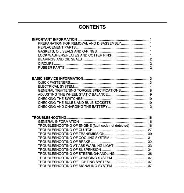 Table of contents for a technical manual on a white background