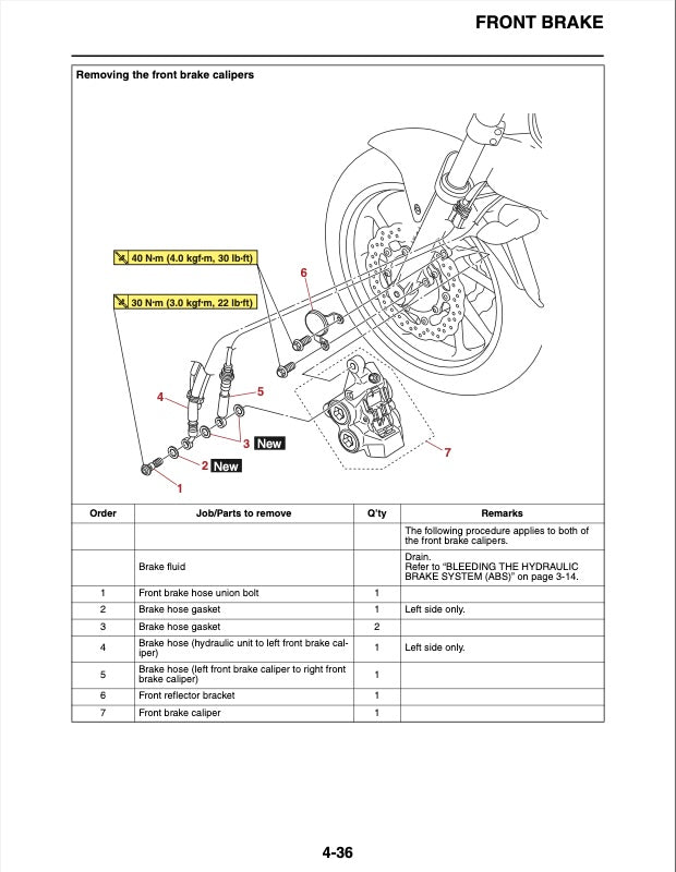 Diagram of a motorcycle front brake system with labeled parts and text.
