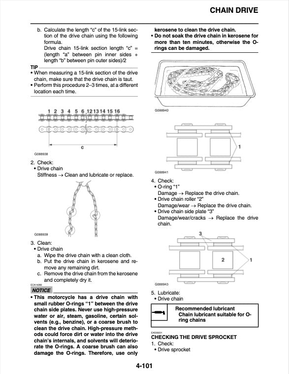 Technical manual page on chain drive maintenance for a motorcycle.