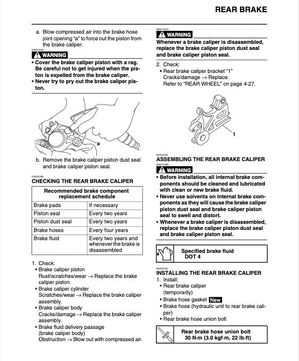 Technical manual page on rear brake assembly and installation with illustrations and text.