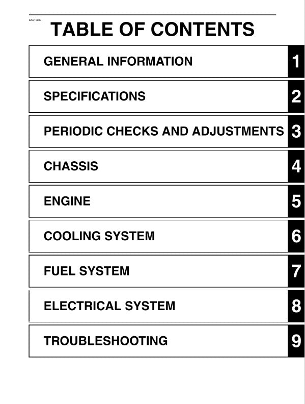 Table of contents for a technical manual with section headings and page numbers.