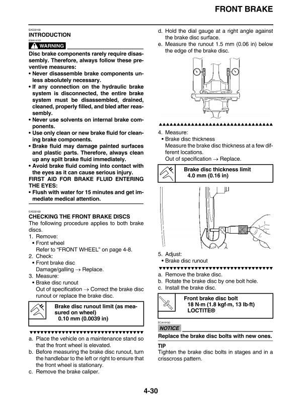 Brake maintenance instructions for a vehicle, including disc thickness measurement and replacement.