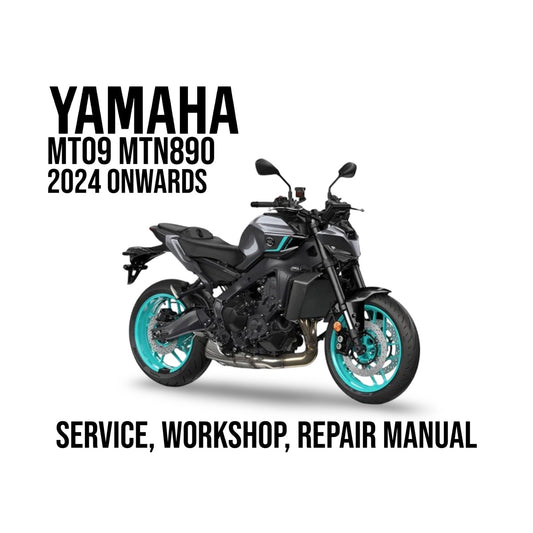 Yamaha MT09 MTN890 motorcycle with text about a service, workshop, and repair manual on a white background