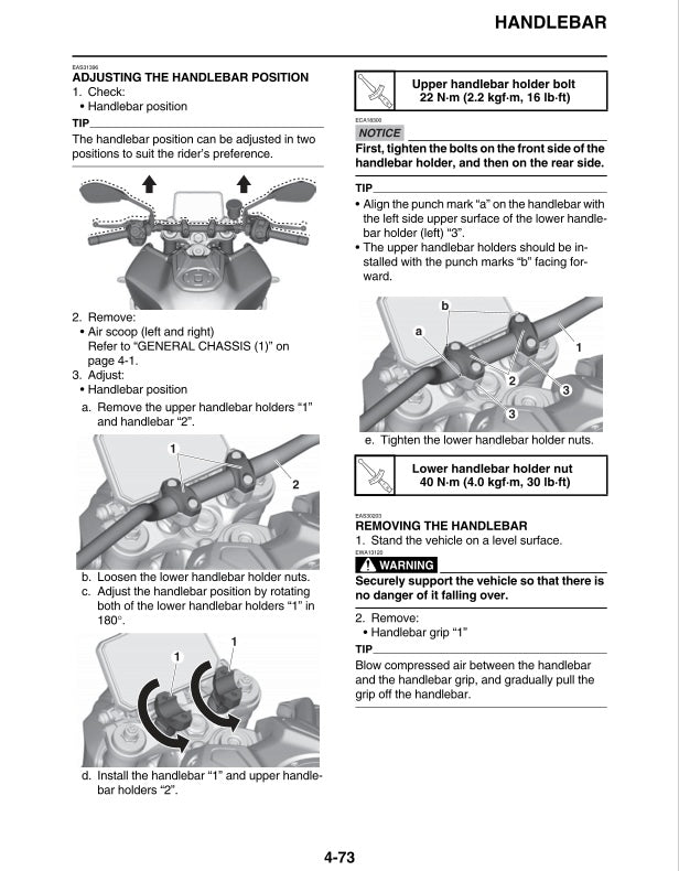 Instructions for adjusting handlebar position on a vehicle, including diagrams and text.