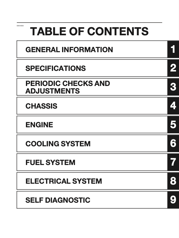 A black and white table of contents page listing sections such as general information, specifications, chassis, engine, cooling system, fuel system, electrical system, and self diagnostic with page numbers.