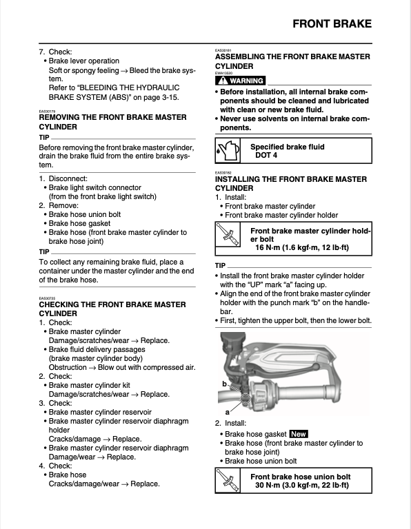 A white sheet of paper with black printed instructions for assembling a front brake master cylinder, including numbered steps, warnings, and diagrams.