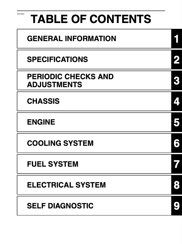 A black and white table of contents page listing sections such as general information, specifications, chassis, engine, cooling system, fuel system, electrical system, and self diagnostic with page numbers.