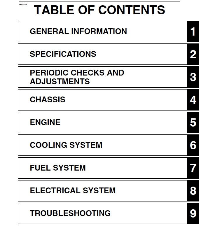 Table of contents for a technical manual with section headings and page numbers.