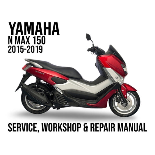 Red and black Yamaha N Max 150 scooter with text about a service, workshop, and repair manual on a white background.