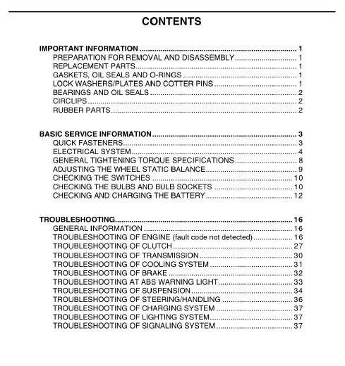 Table of contents for a technical manual on various components and troubleshooting steps.
