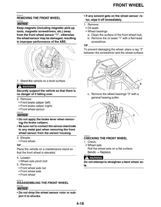 Instructions for removing and disassembling a front wheel on a vehicle, including diagrams and text.
