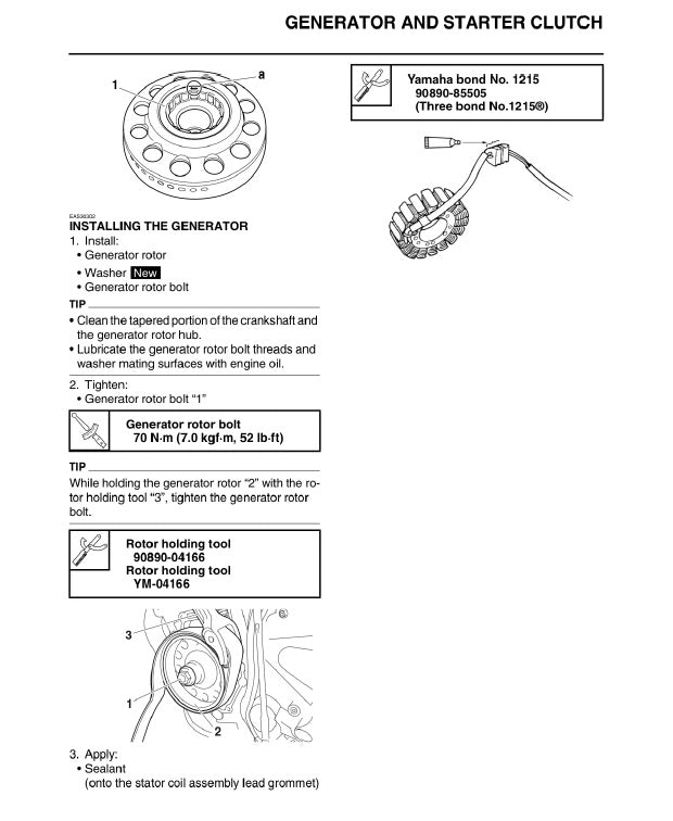 Technical diagram and instructions for installing a generator and starter clutch with Yamaha bonding tools.