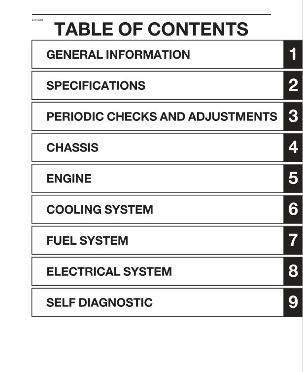 Table of contents for a technical manual with section headings and page numbers.