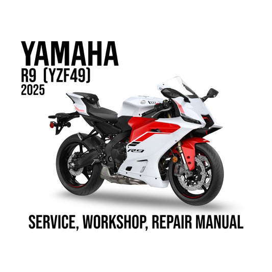 Yamaha R9 motorcycle with text indicating a service, workshop, and repair manual for 2025 model.
