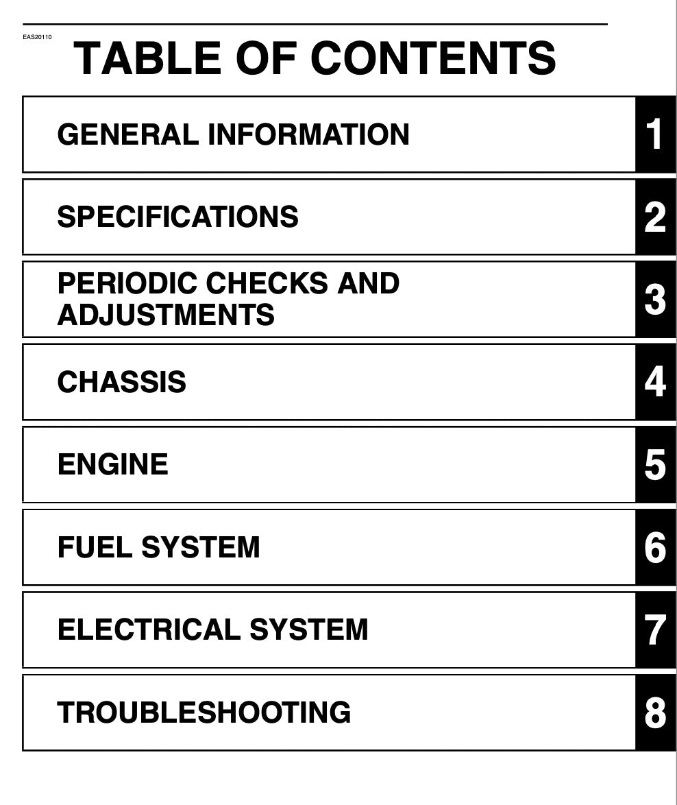 Table of contents for a technical manual with section titles and page numbers.