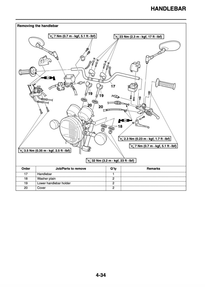 Technical diagram of a motorcycle handlebar assembly with labeled parts and removal sequence.