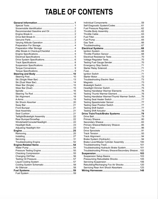 Table of contents for a technical manual on a white background