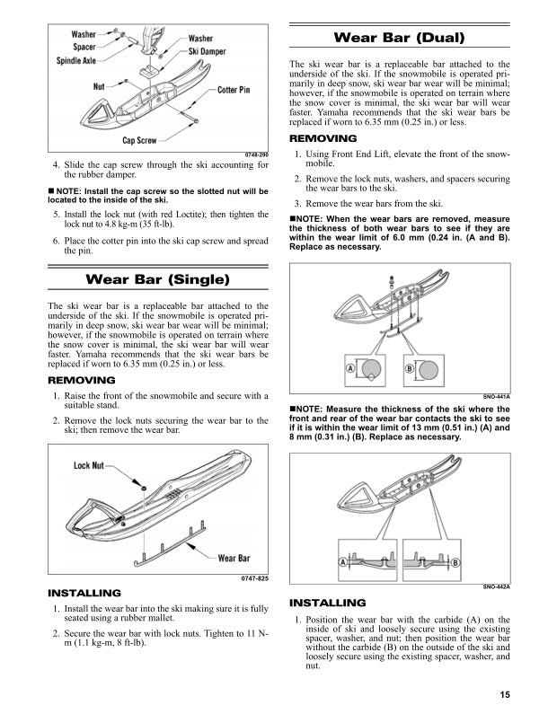 Instructions for installing and replacing wear bars on skis with diagrams and text.