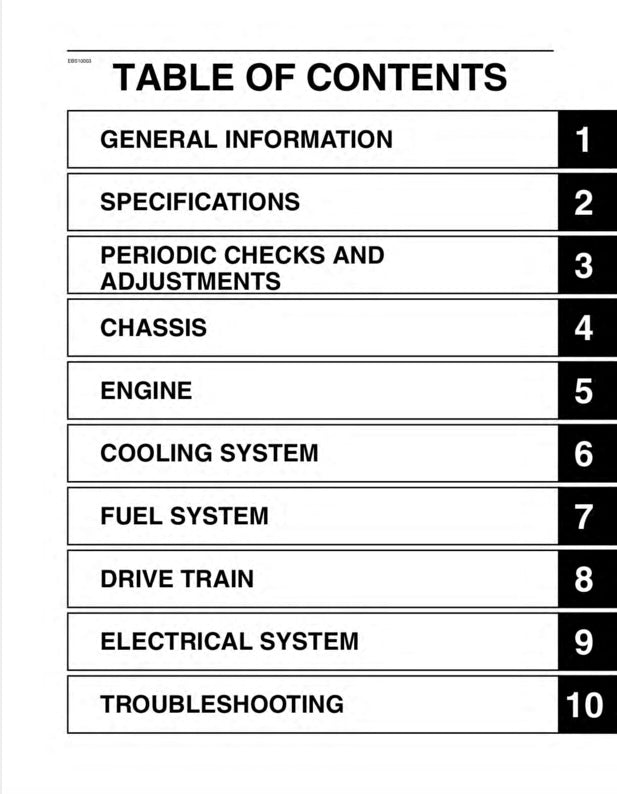 Table of contents for a technical manual with section headings and page numbers.