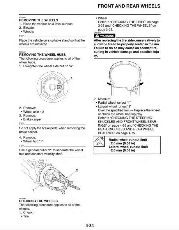 Instructions for removing front and rear wheels from a vehicle, including diagrams and text.