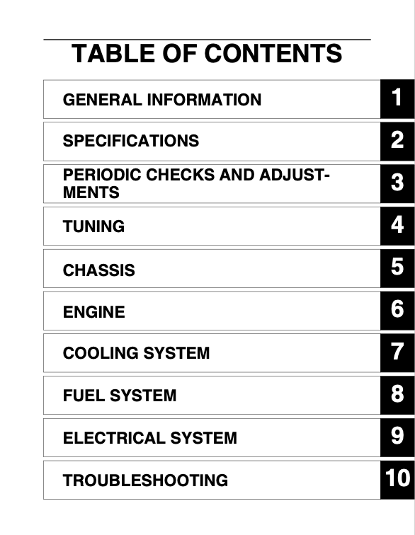 Table of contents for a technical manual with section headings and page numbers.