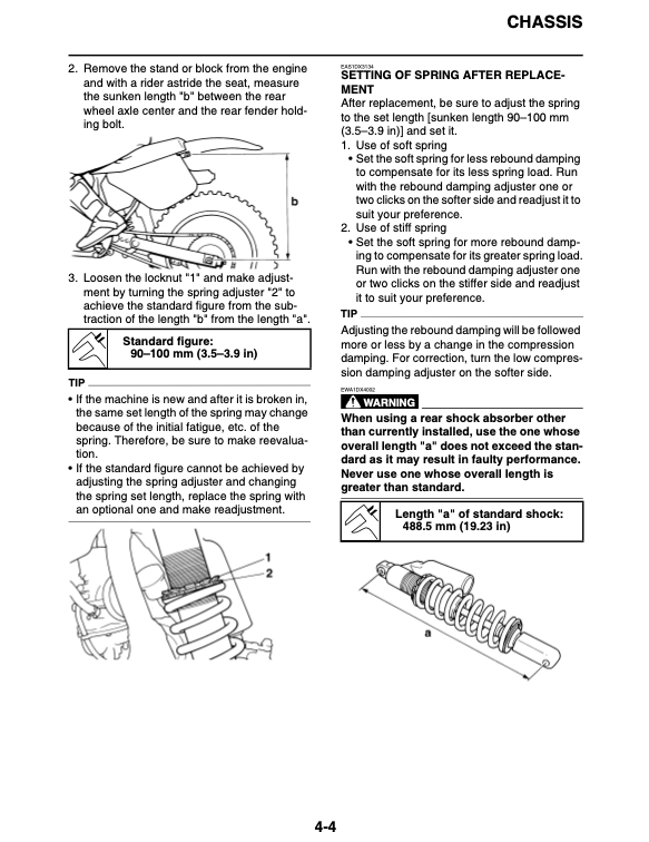 Technical manual page with instructions on chassis settings and spring replacement, featuring diagrams and text.