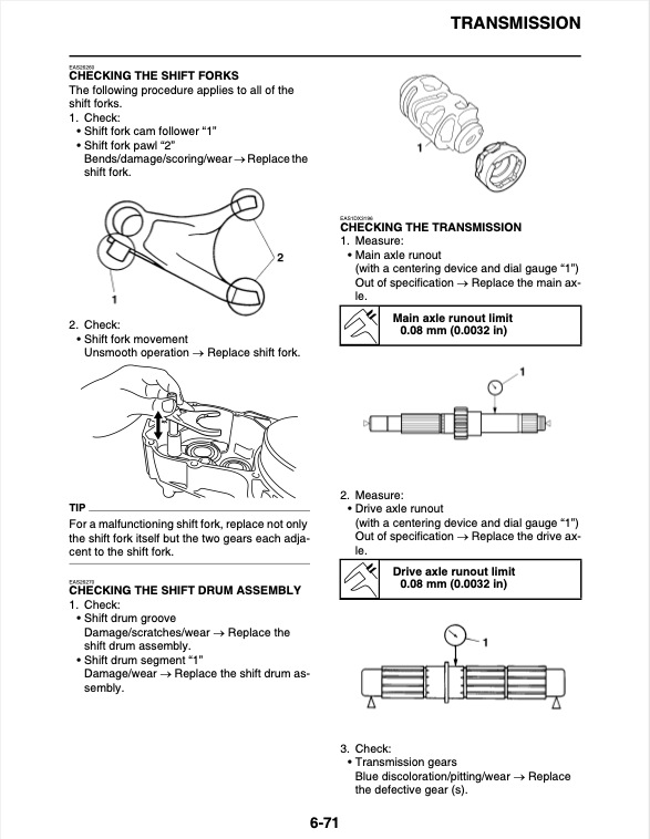 Technical diagram and instructions for checking shift forks and transmission on a vehicle.