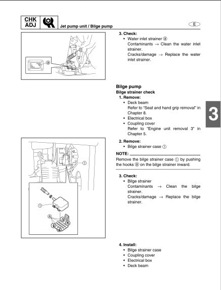 Technical manual page with instructions on cleaning and replacing a bilge pump inlet strainer.