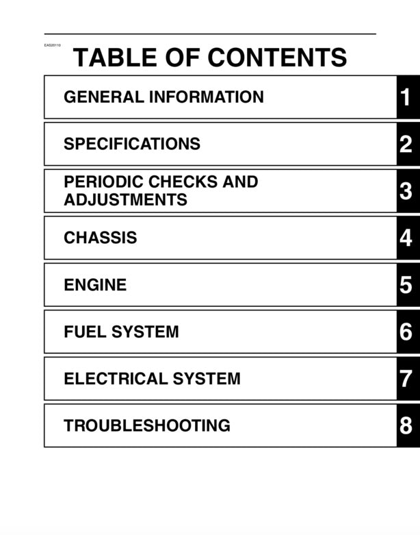 Table of contents for a technical manual with section headings and page numbers.