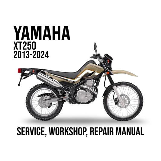 Yamaha XT250 motorcycle with text indicating a service, workshop, and repair manual for years 2013-2024 on a white background.