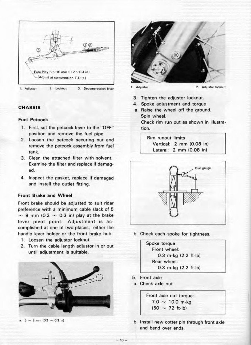 Technical manual page with instructions on chassis and fuel petcock adjustments.