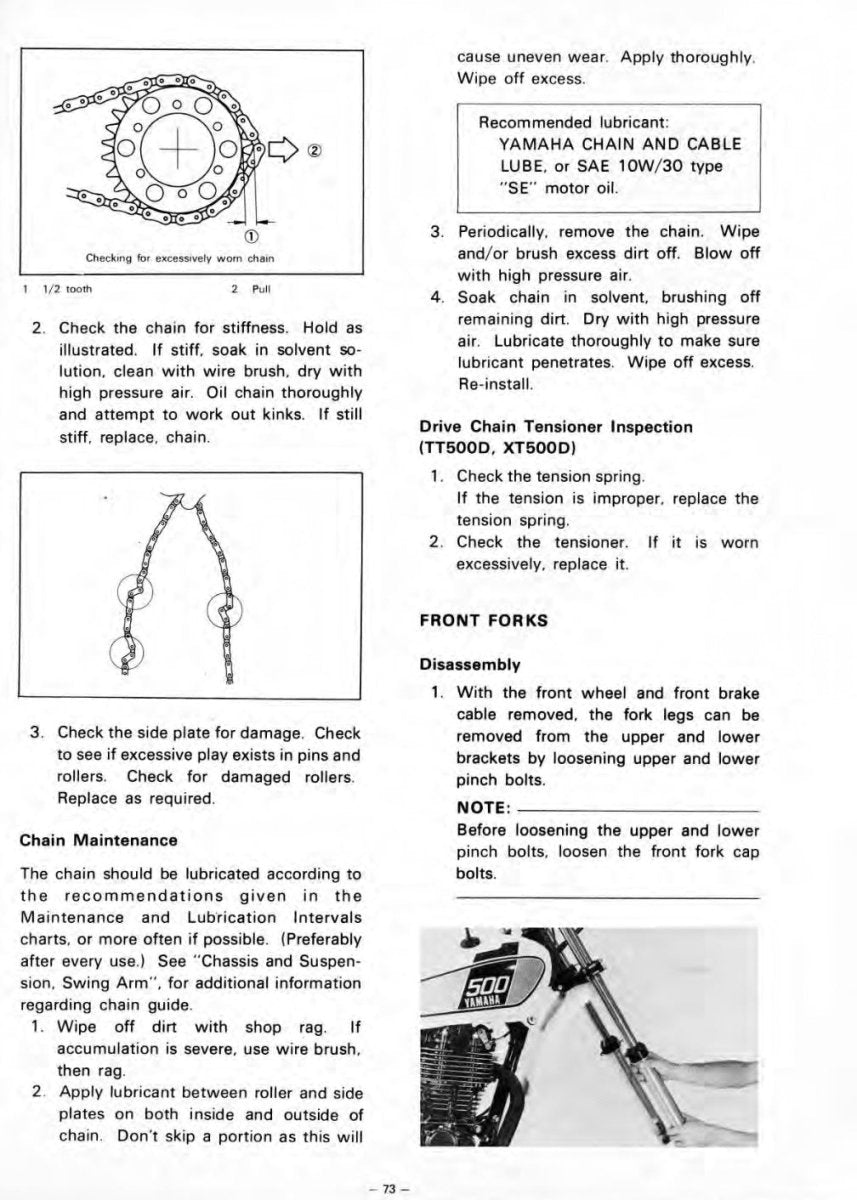 Maintenance instructions for a motorcycle chain and side plate on a white background