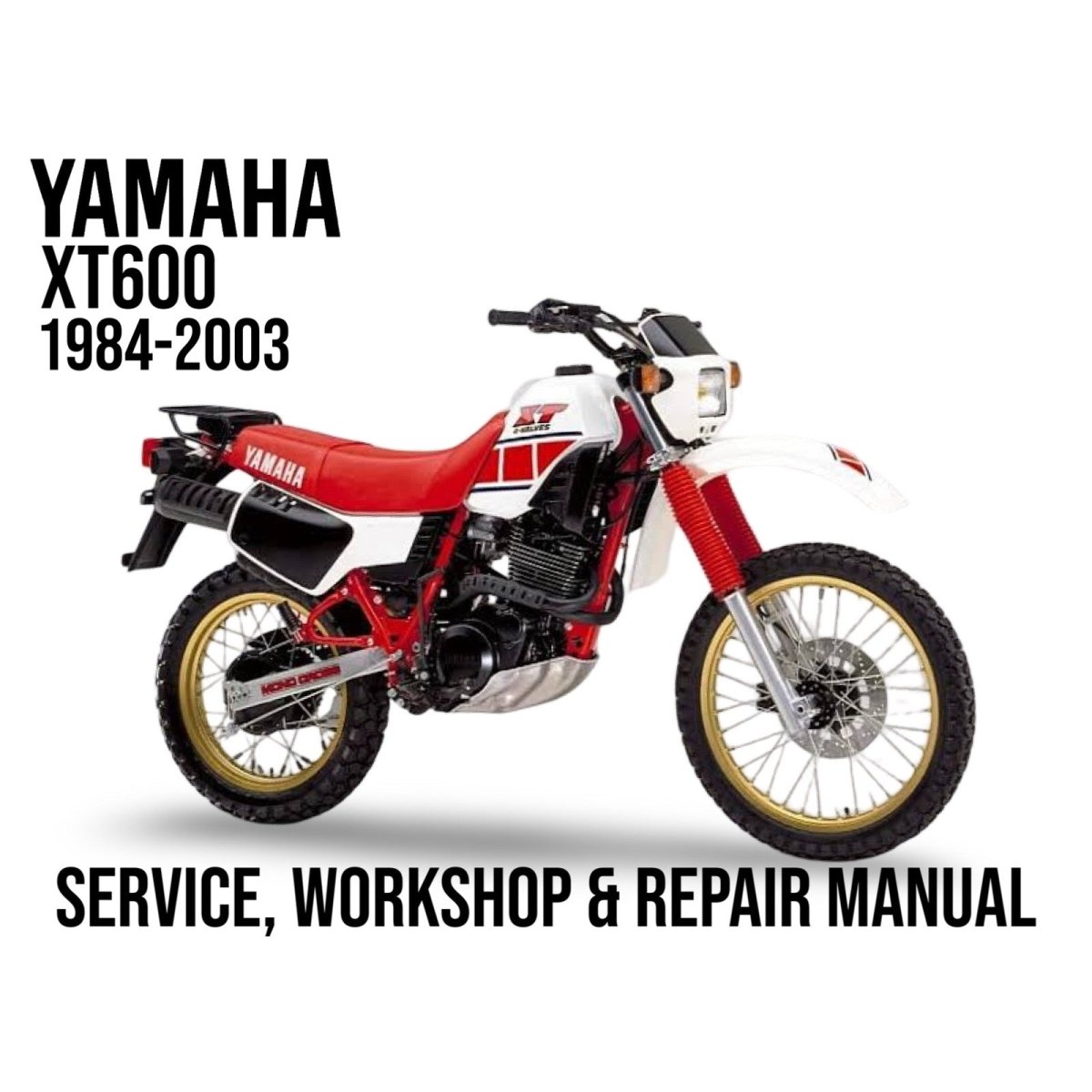 Yamaha XT600 motorcycle with text about service, workshop, and repair manual on a white background
