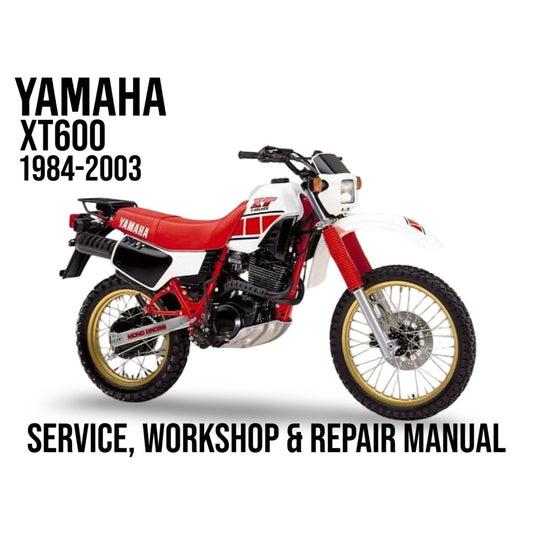Yamaha XT600 motorcycle with text about service, workshop, and repair manual on a white background