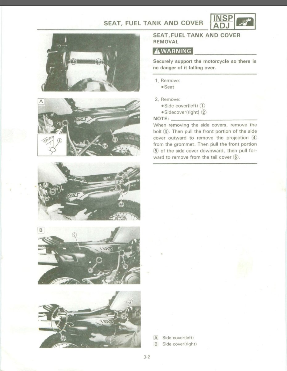 Motorcycle maintenance manual page with step-by-step instructions on seat, fuel tank, and cover removal.