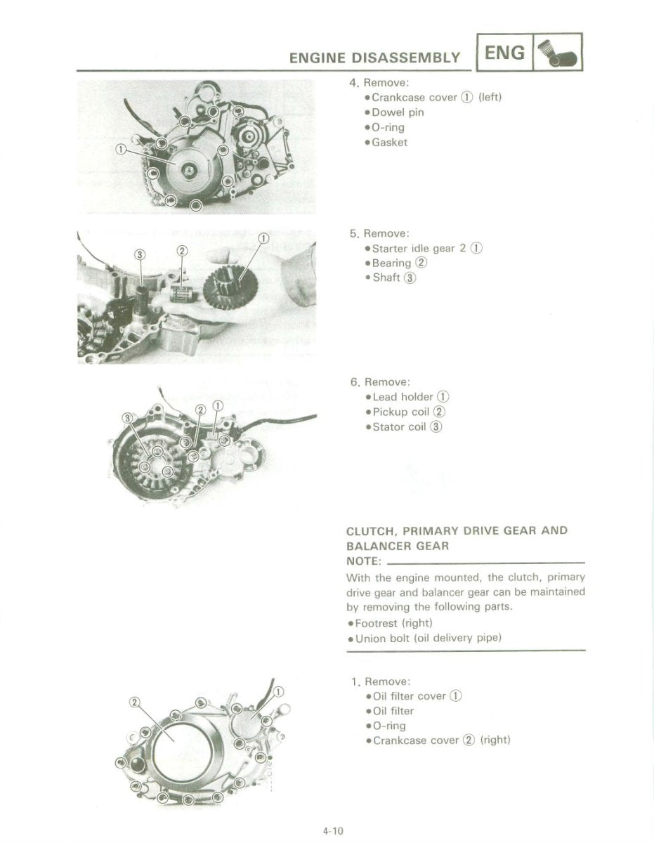 Technical diagram of engine disassembly with labeled parts on a white background