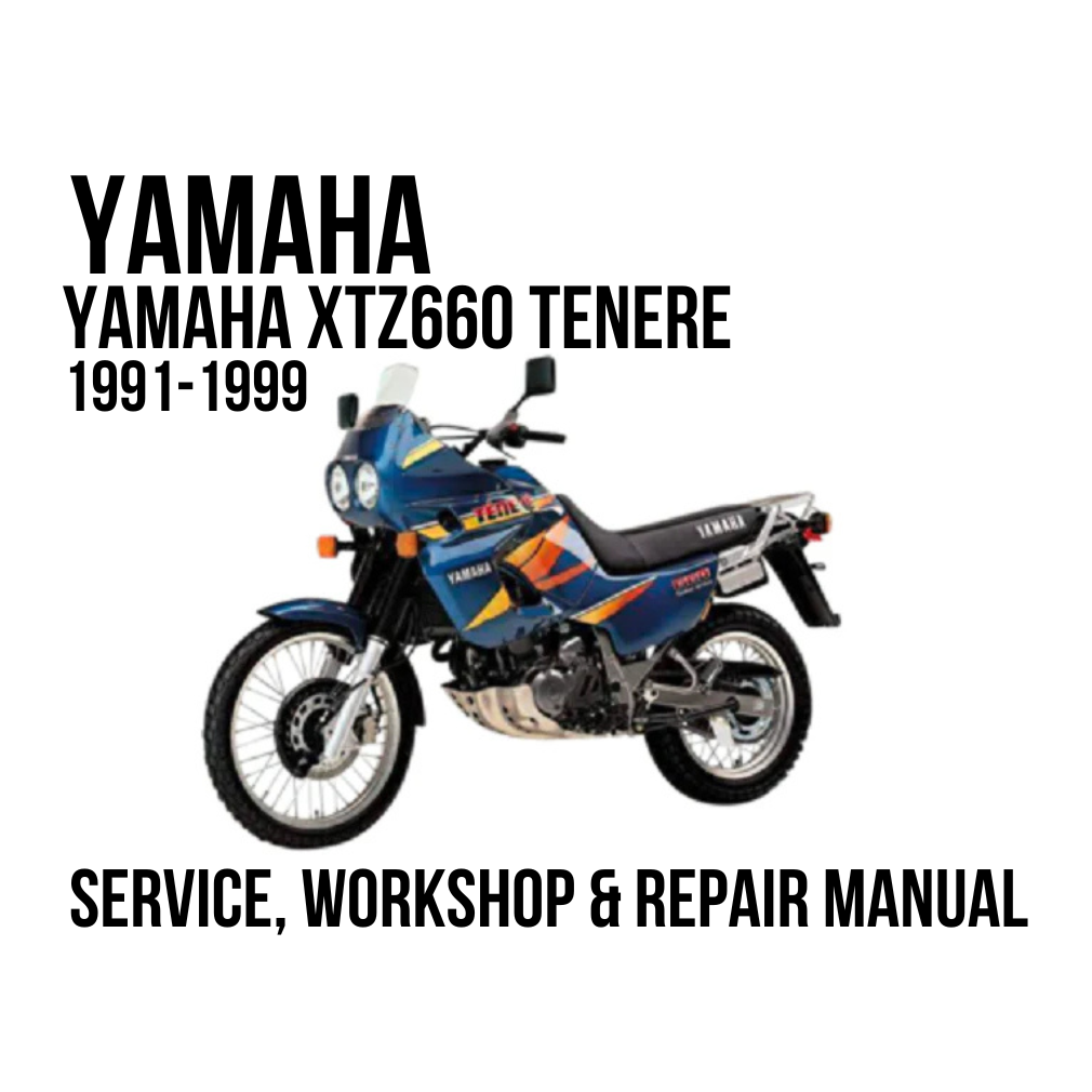 A Yamaha XTZ660 Teneke motorcycle is shown on a white background with bold black text reading 'YAMAHA YAMAHA XTZ660 TENERE 1991-1999' and 'SERVICE, WORKSHOP & REPAIR MANUAL'. This appears to be a cover or promotional graphic for a service and repair manual rather than a plain product photo.