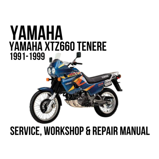 A Yamaha XTZ660 Teneke motorcycle is shown on a white background with bold black text reading 'YAMAHA YAMAHA XTZ660 TENERE 1991-1999' and 'SERVICE, WORKSHOP & REPAIR MANUAL'. This appears to be a cover or promotional graphic for a service and repair manual rather than a plain product photo.