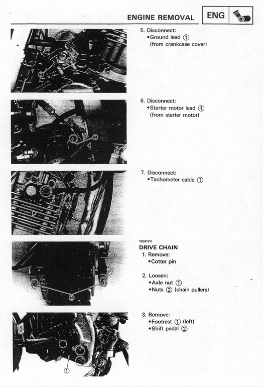A black-and-white technical page showing engine removal steps with labeled photos of engine components and bullet-point instructions.