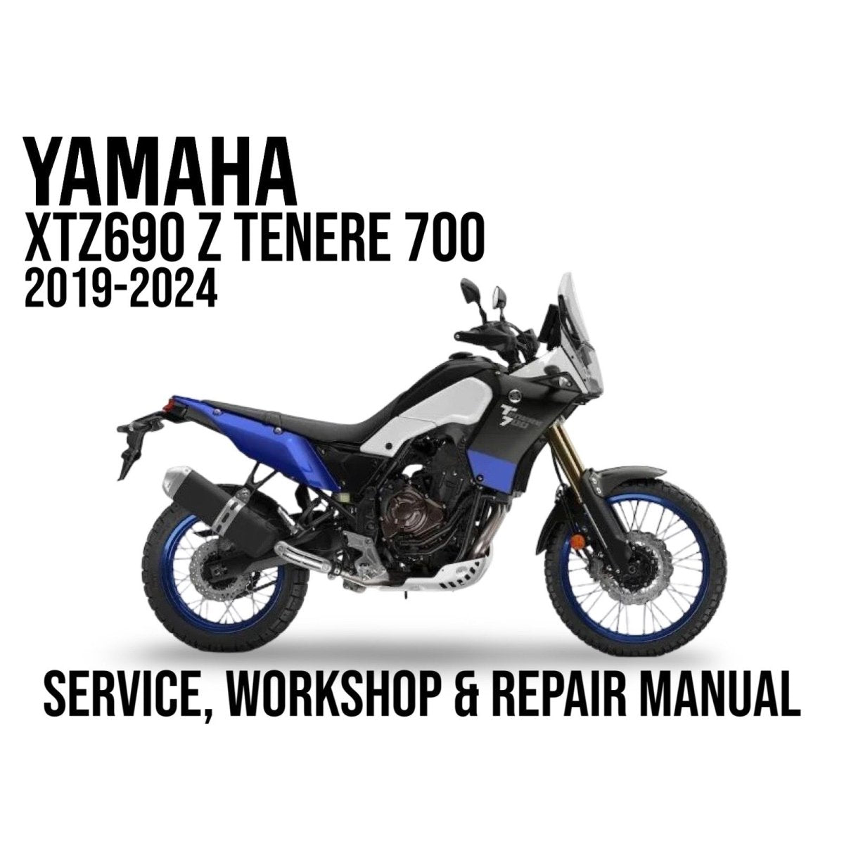 Yamaha XTZ690 Z Tenere 700 motorcycle on a white background with text about a service, workshop, and repair manual.