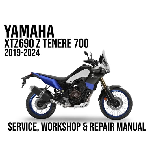 Yamaha XTZ690 Z Tenere 700 motorcycle on a white background with text about a service, workshop, and repair manual.