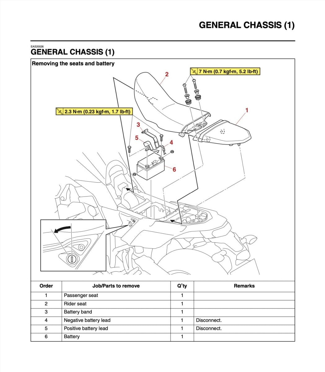 Technical diagram showing steps to remove seats and battery from a vehicle's general chassis.