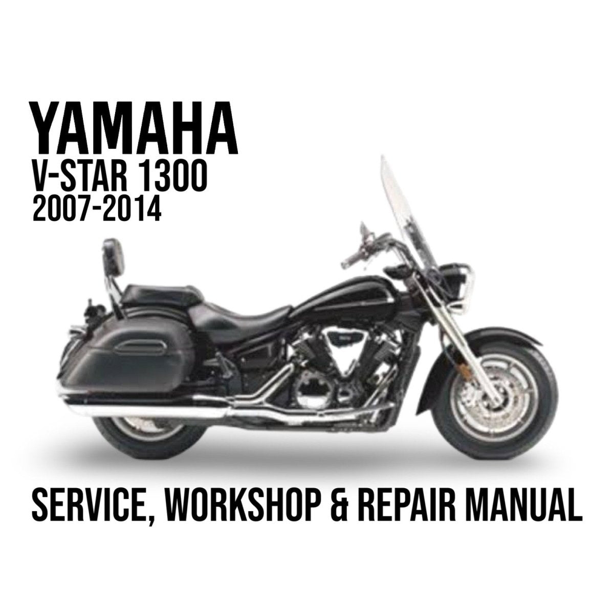 Yamaha V-Star 1300 motorcycle on a white background with text about service, workshop, and repair manual.