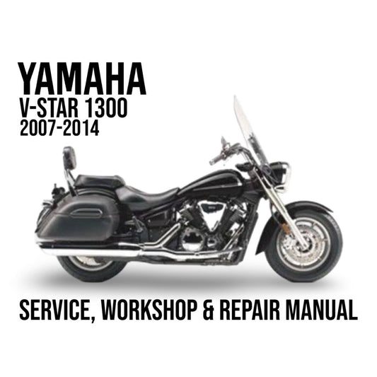 Yamaha V-Star 1300 motorcycle on a white background with text about service, workshop, and repair manual.