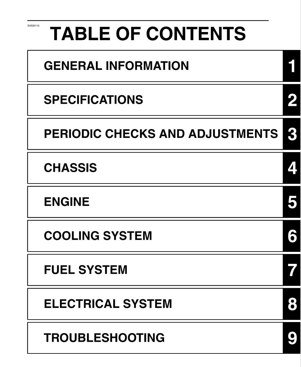 Table of contents for a technical manual with section headings and page numbers.