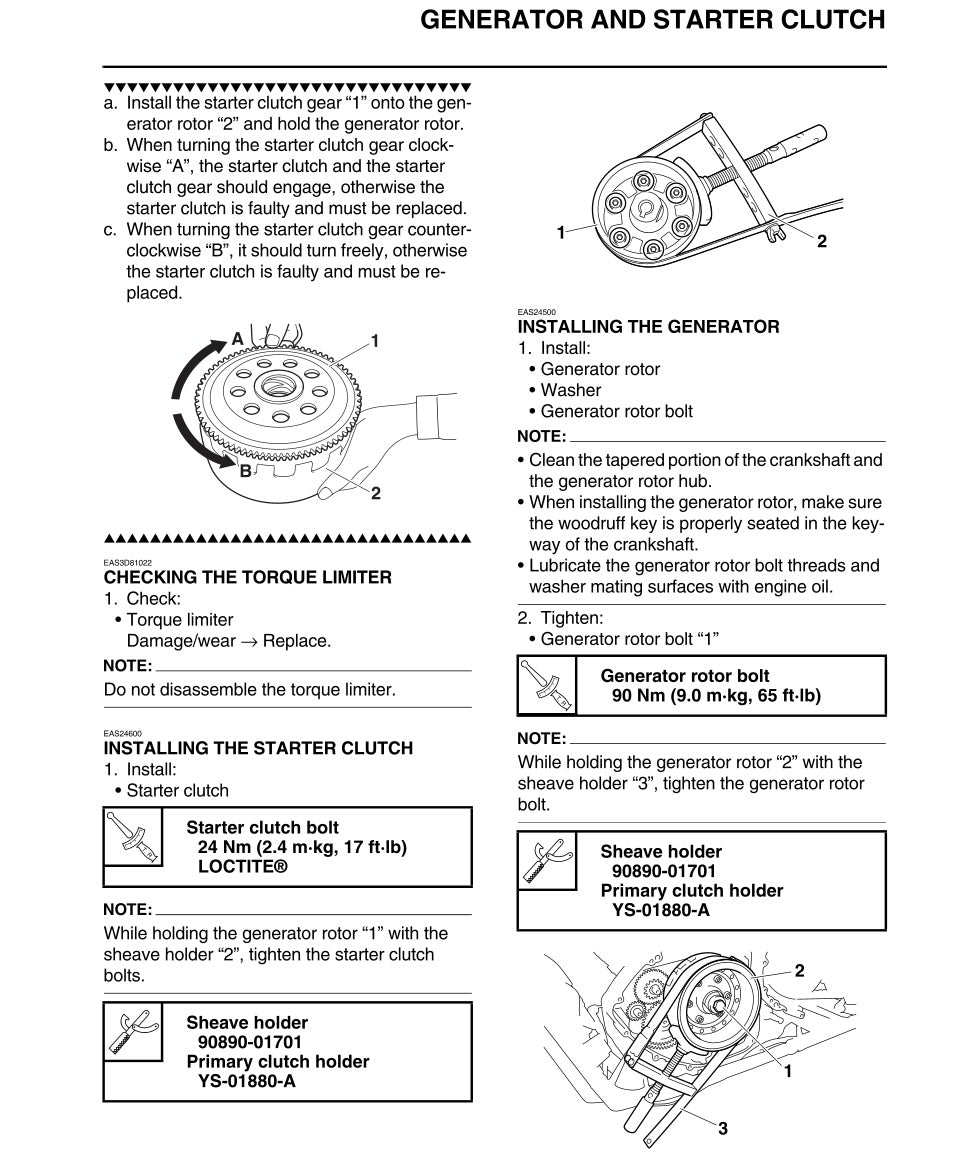 Technical diagram and instructions for generator and starter clutch installation and maintenance.