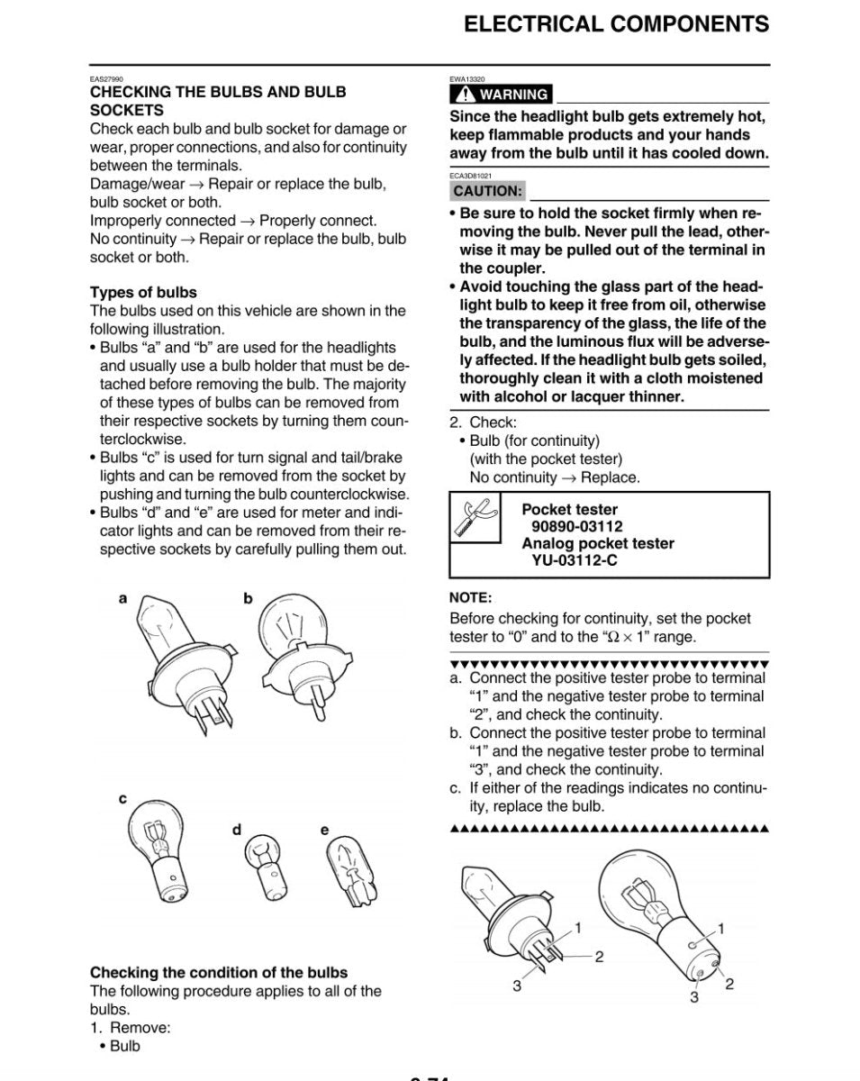 Technical manual page on checking bulbs and bulb sockets with illustrations and text.