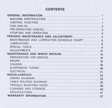 Table of contents for a machine manual on a light blue background